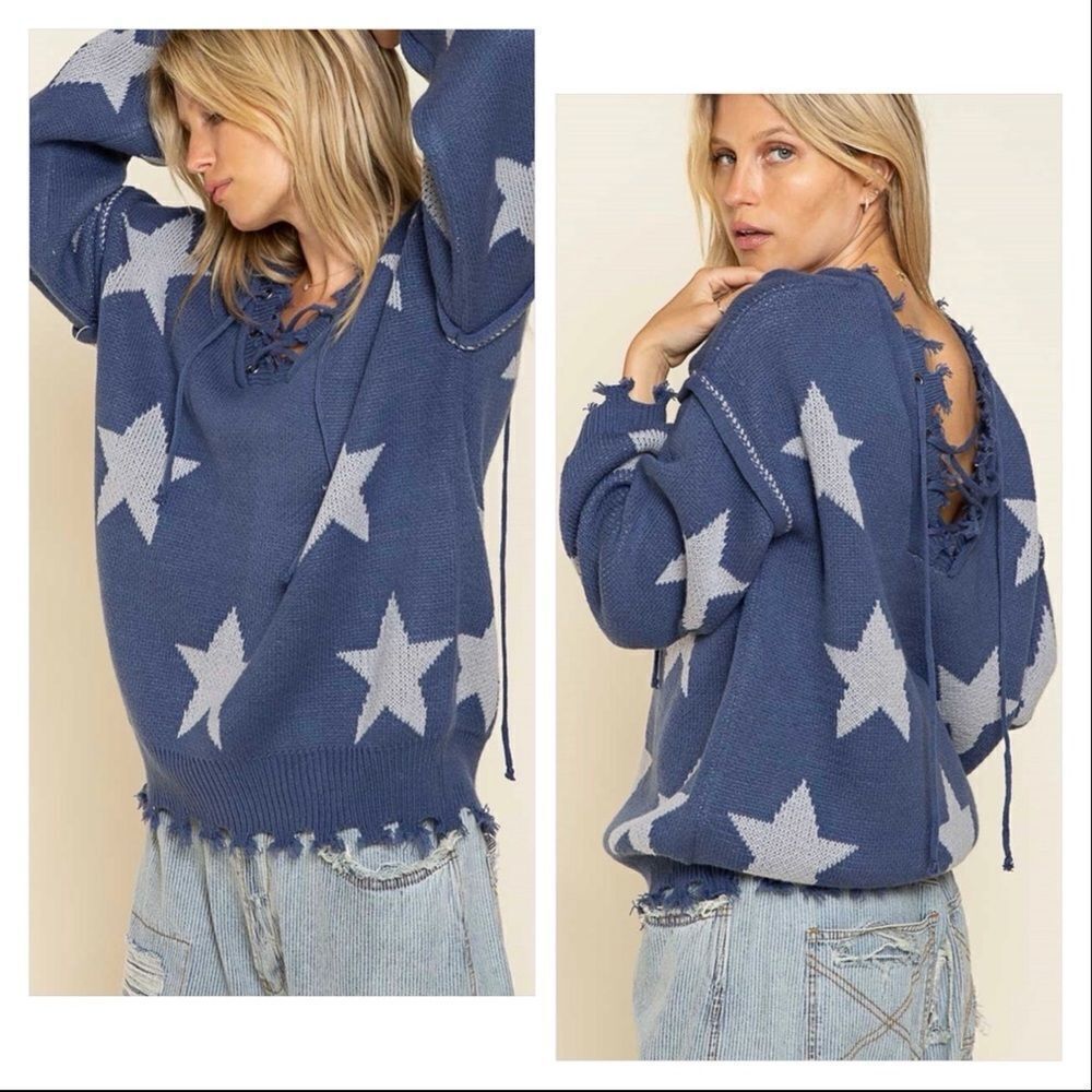 ๐
บPOL Bohemian sweater with tattered raw edges, and Lace up front and back - Picture 13 of 15